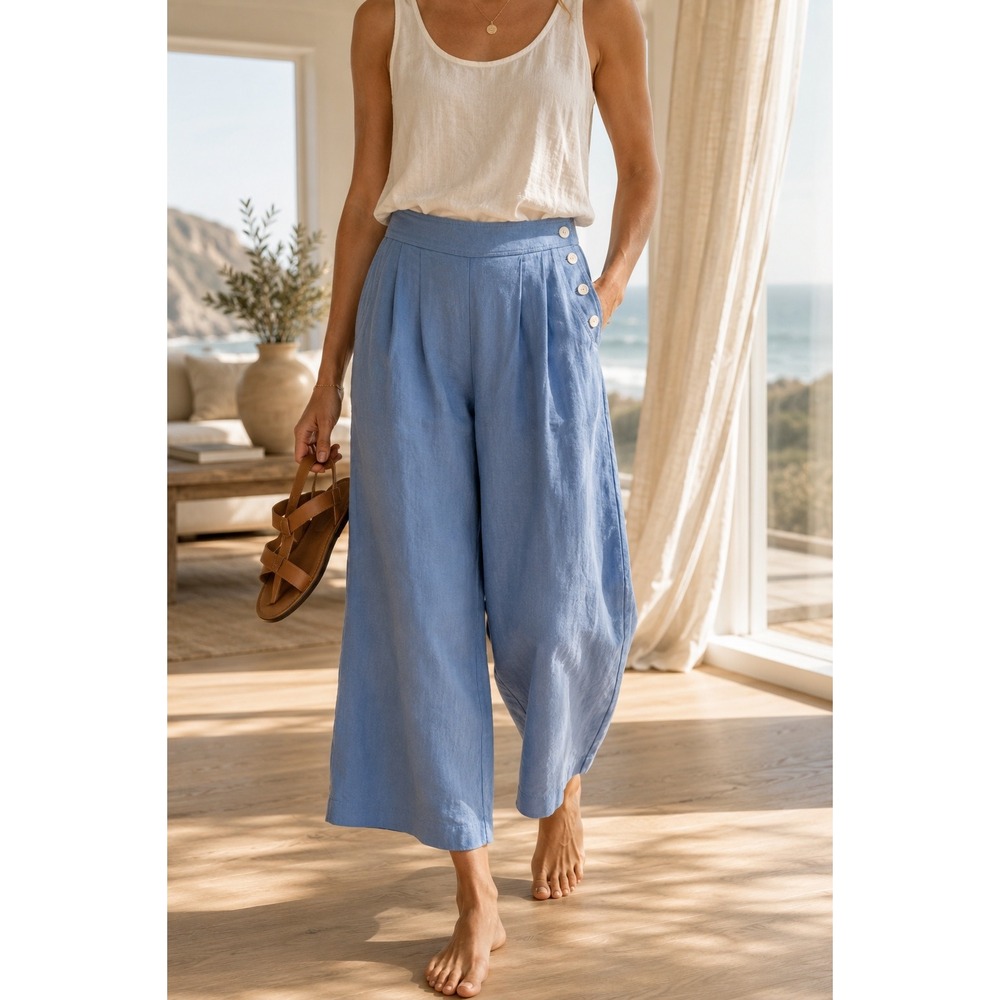 Outerknown Eclipse Linen Wide Leg Sailor Button Coastal Blue Pants 4 Cropped